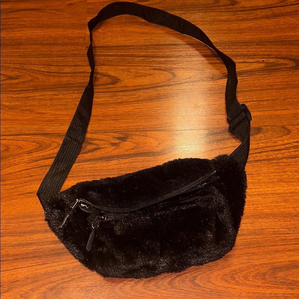 Black Faux Fur Crossbody Belt Bag Fanny Pack 2 Pockets